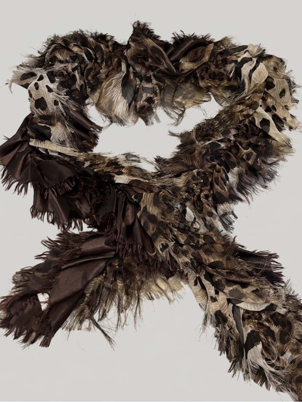 Leopard-Print Frayed Lightweight Boa Style Scarf in Browns and Cream